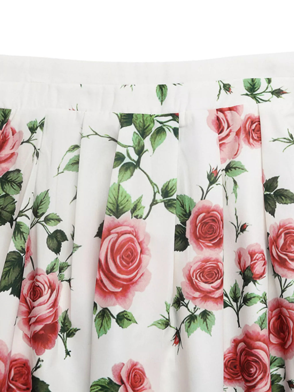 Floral fabric with pink roses and green leaves on a white background
