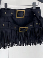 Black fringe belt with gold buckles on a white background
