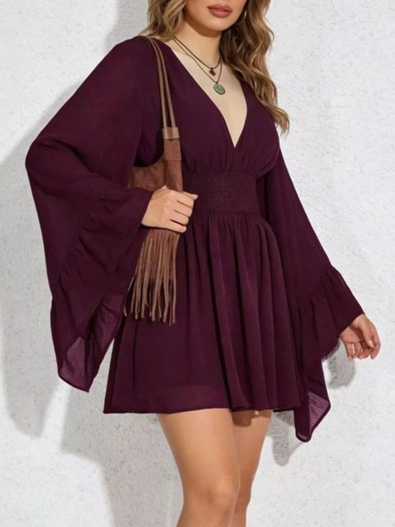V-Neck Flowy Long Sleeve Mini Dress – Burgundy – R J's Cute Lil Boutique