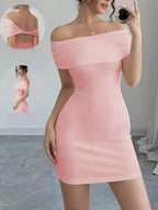Woman wearing a pink off-shoulder dress with a close-up inset showing the back design.