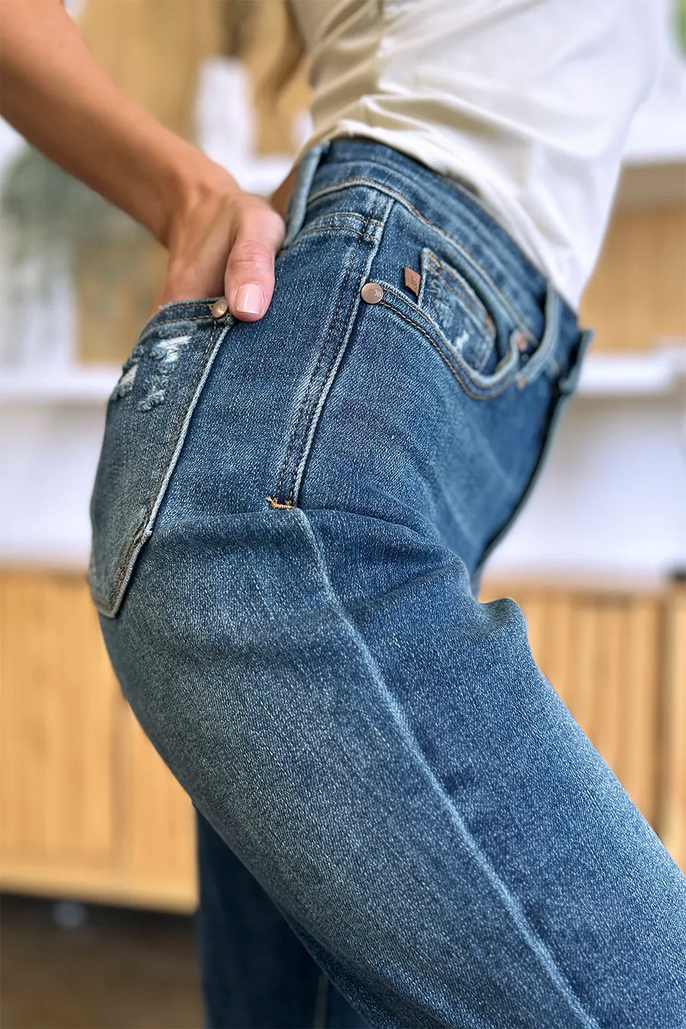 Close-up of blue jeans with a blurred background