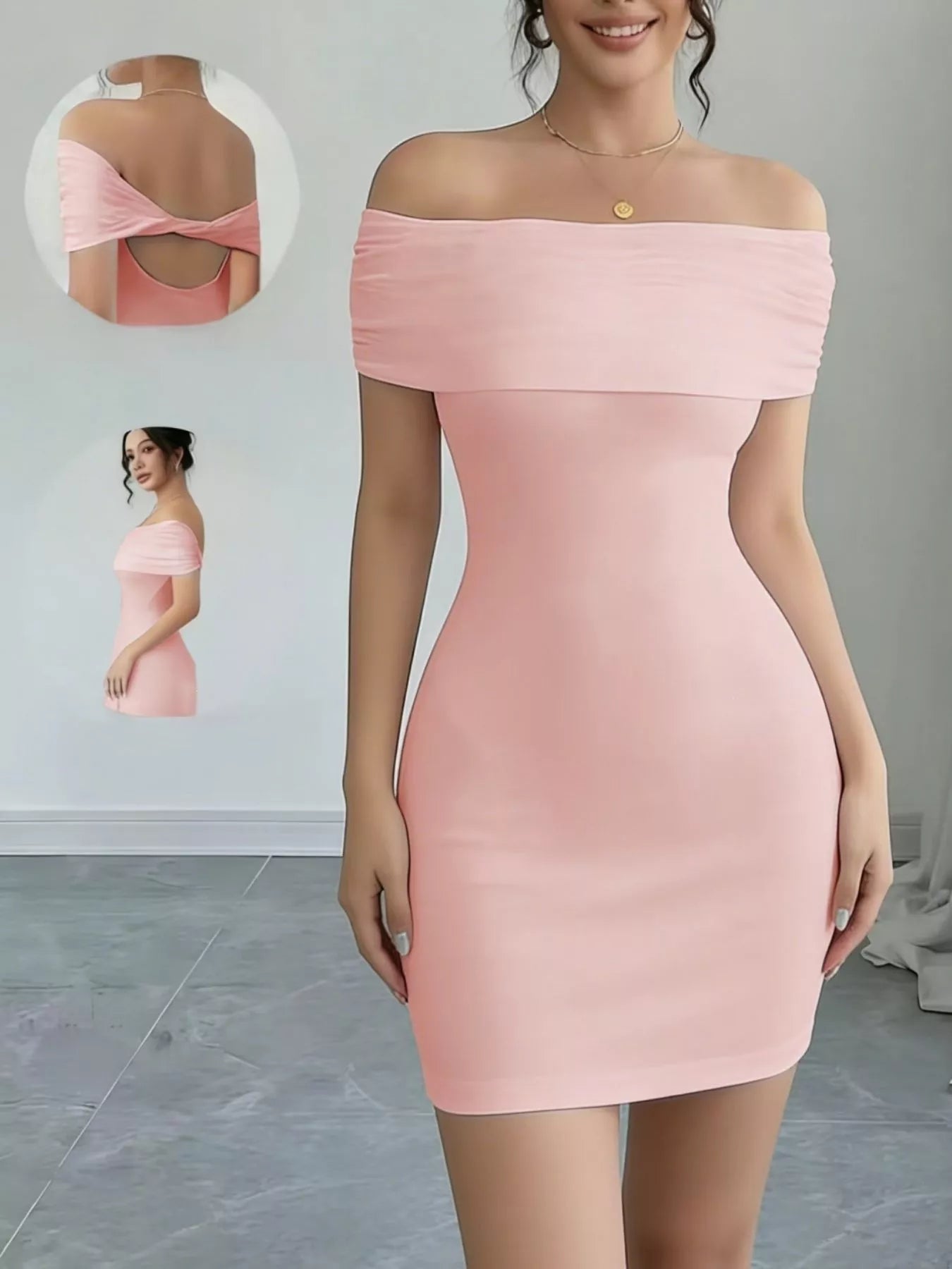 Pink off-shoulder dress with a close-up inset showing the back design.