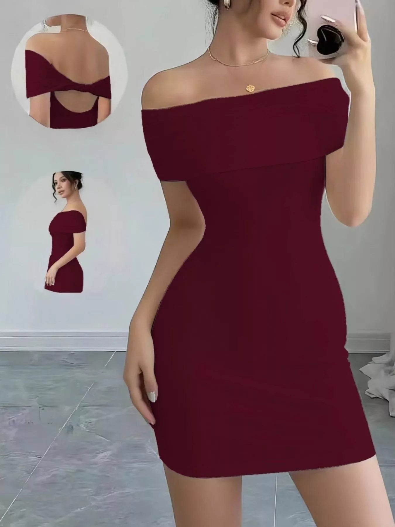 Woman wearing a burgundy off-shoulder dress with inset images showing different angles.