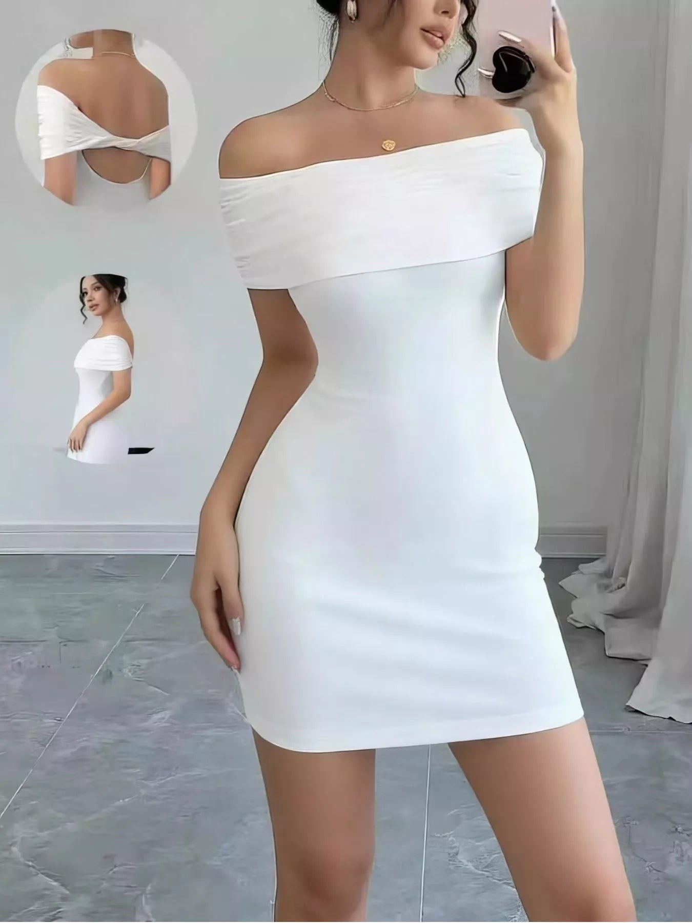 Woman wearing a white off-shoulder dress in a minimalistic setting.