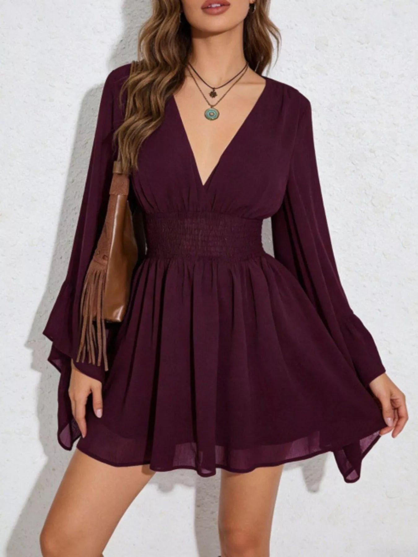 V-Neck Flowy Long Sleeve Mini Dress – Burgundy – R J's Cute Lil Boutique