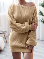 Beige knitted dress worn by a person in a minimal indoor setting