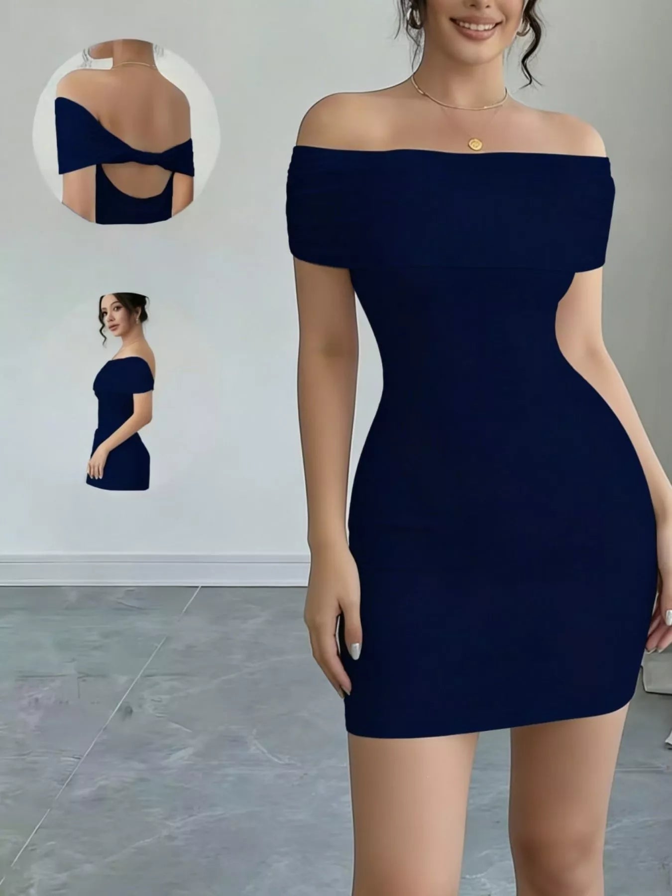 Navy blue off-shoulder dress with a back view inset on a neutral background