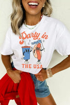 Person wearing a white t-shirt with 'Party in the USA' graphic design.