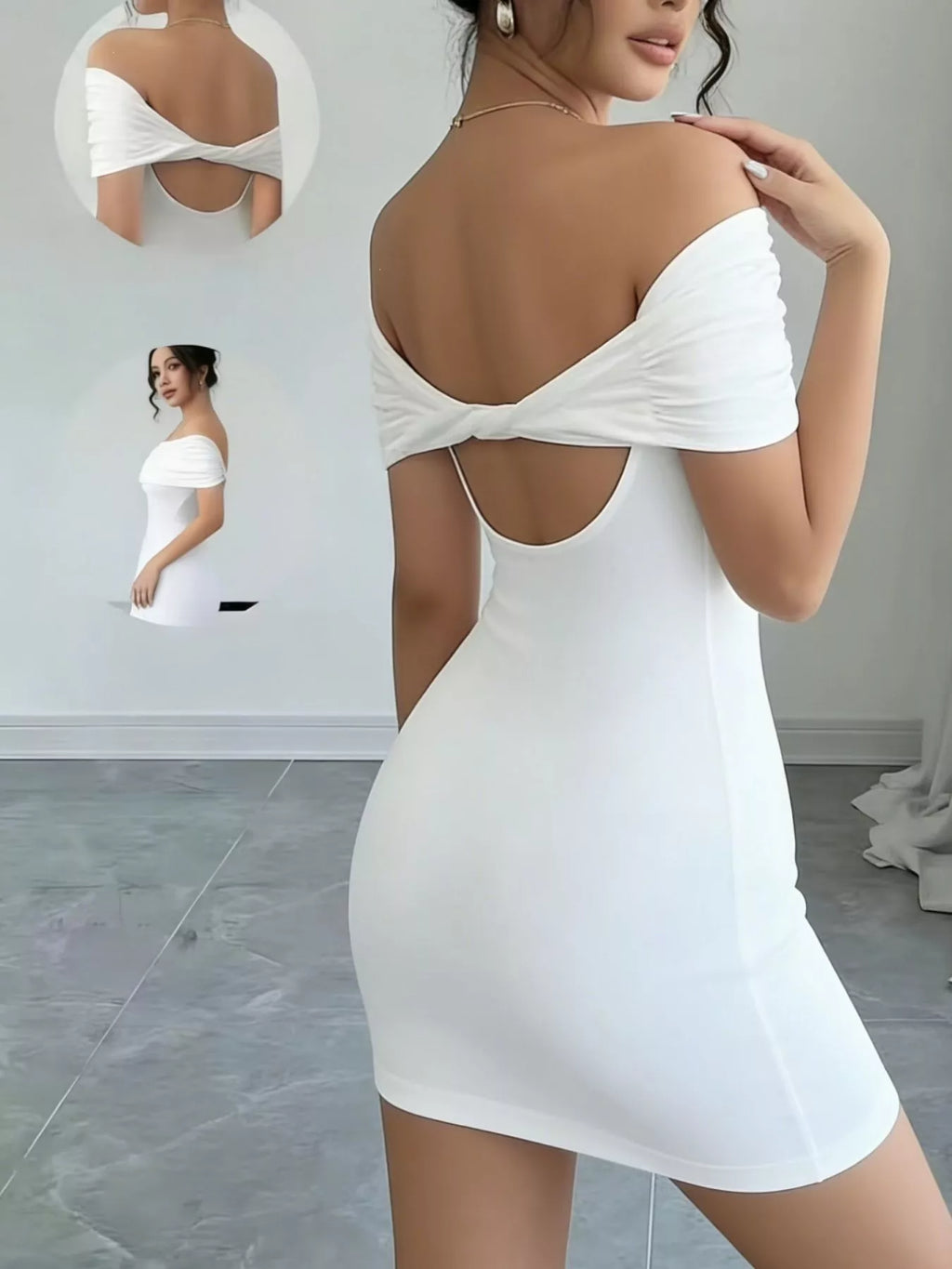 Woman wearing a white dress with cut-out design in a minimalistic room.