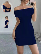 Woman wearing a navy blue off-shoulder dress with inset images showing different angles.